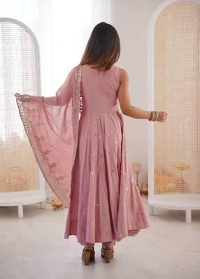 baby pink roman silk embroidered anarkali suit 2