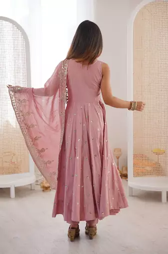 baby pink roman silk embroidered anarkali suit