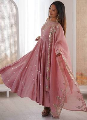 baby pink roman silk embroidered anarkali suit 3