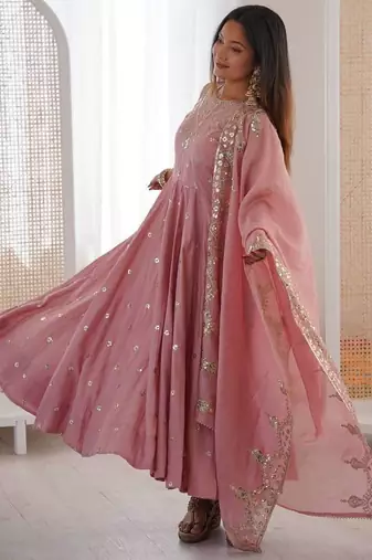 baby pink roman silk embroidered anarkali suit