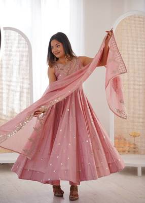 baby pink roman silk embroidered anarkali suit 4