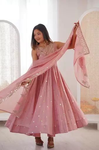 baby pink roman silk embroidered anarkali suit