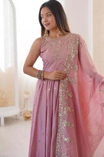 baby pink roman silk embroidered anarkali suit