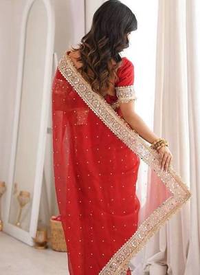 red satin silk saree with jari dori, mirror & pearl work 3