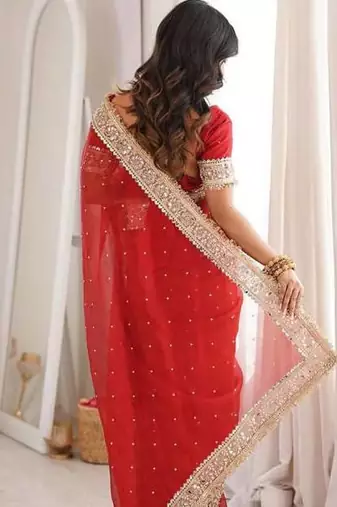 red satin silk saree with jari dori, mirror & pearl work