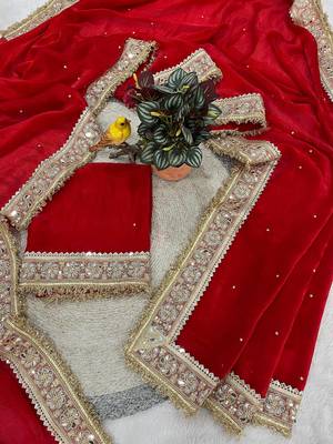 red satin silk saree with jari dori, mirror & pearl work 4