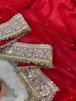 red satin silk saree with jari dori, mirror & pearl work 5