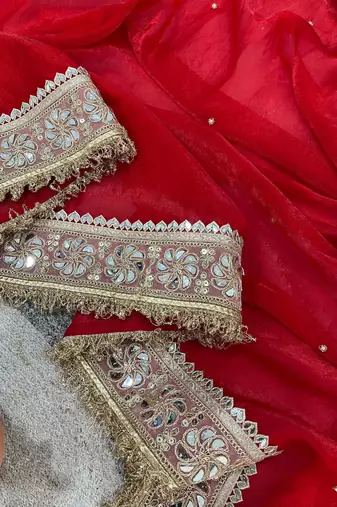 red satin silk saree with jari dori, mirror & pearl work