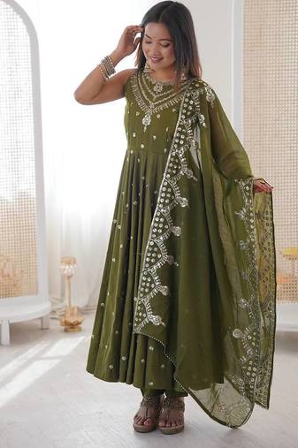 Green Color Roman Silk Embroidery Work  Party Wear Gown