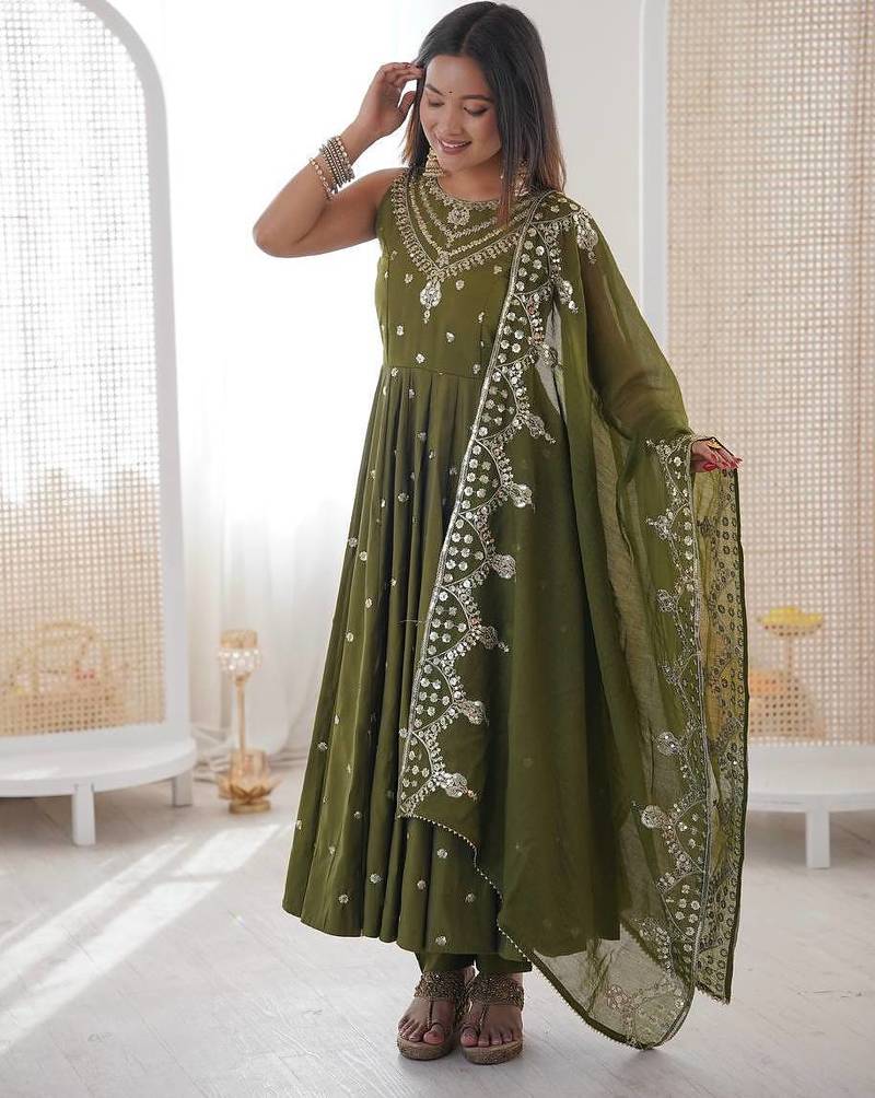Green Color Roman Silk Embroidery Work  Party Wear Gown