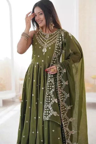 green roman silk embroidered anarkali suit