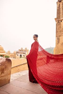 red georgette saree with sequins & multi embroidery 2