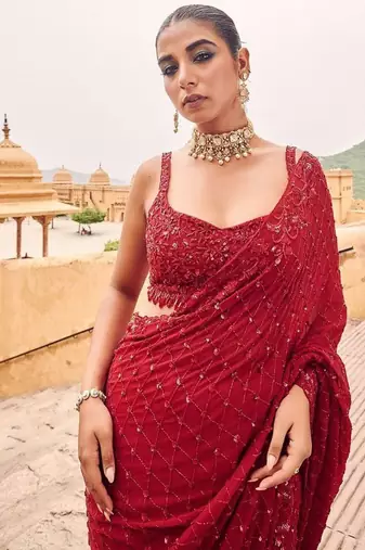 Red Color  Sequins & Multy Embroidery work Georgette Saree