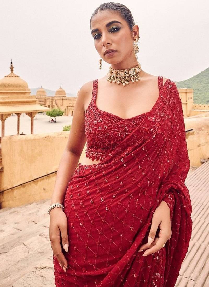 Red Color  Sequins & Multy Embroidery work Georgette Saree