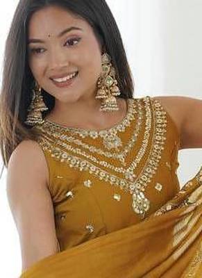 mustard roman silk embroidered anarkali suit 2