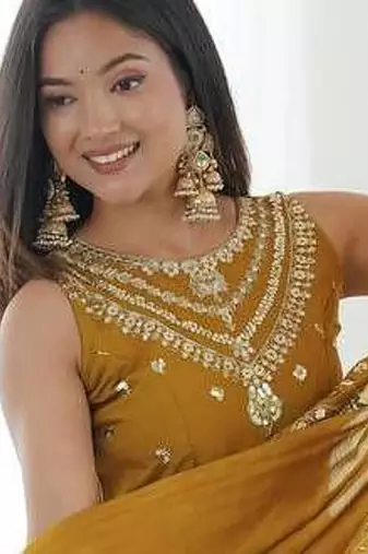 mustard roman silk embroidered anarkali suit