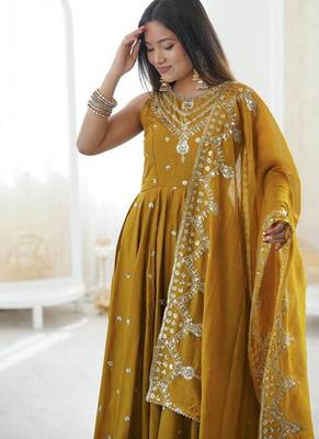 mustard roman silk embroidered anarkali suit 3