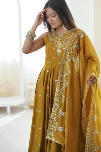 mustard roman silk embroidered anarkali suit