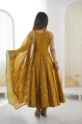 mustard roman silk embroidered anarkali suit