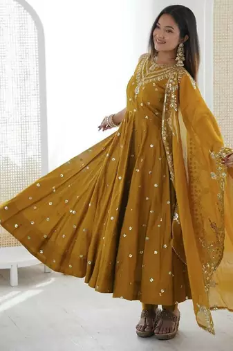 Musterd  Color Roman Silk Embroidery Work  Party Wear Gown