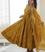mustard roman silk embroidered anarkali suit