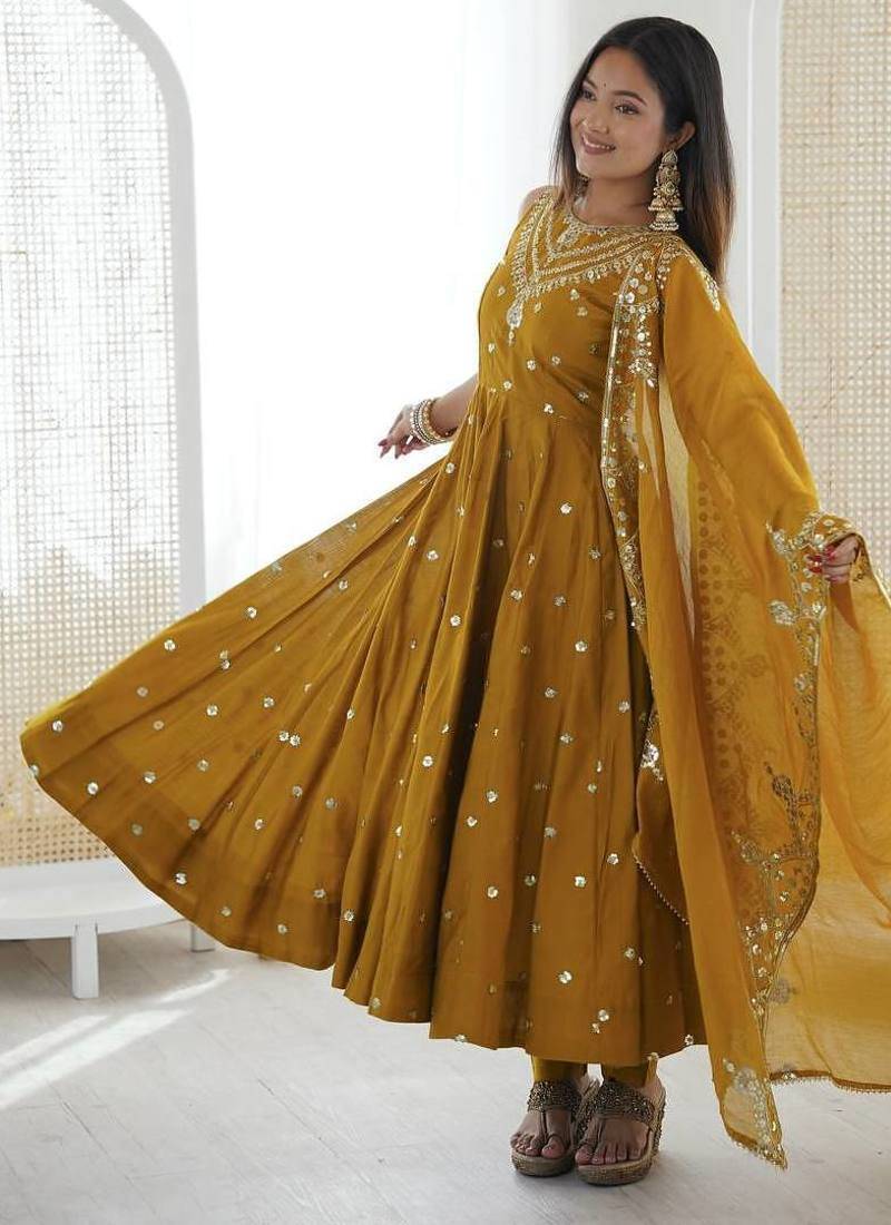 Musterd  Color Roman Silk Embroidery Work  Party Wear Gown