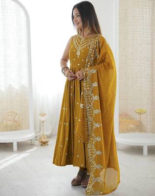 mustard roman silk embroidered anarkali suit 5