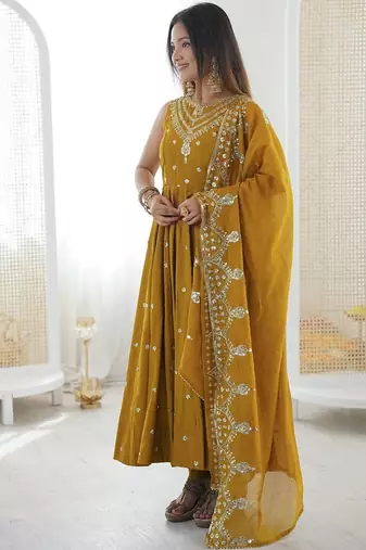 mustard roman silk embroidered anarkali suit