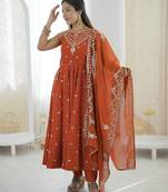 orange roman silk salwar suit with embroidery work