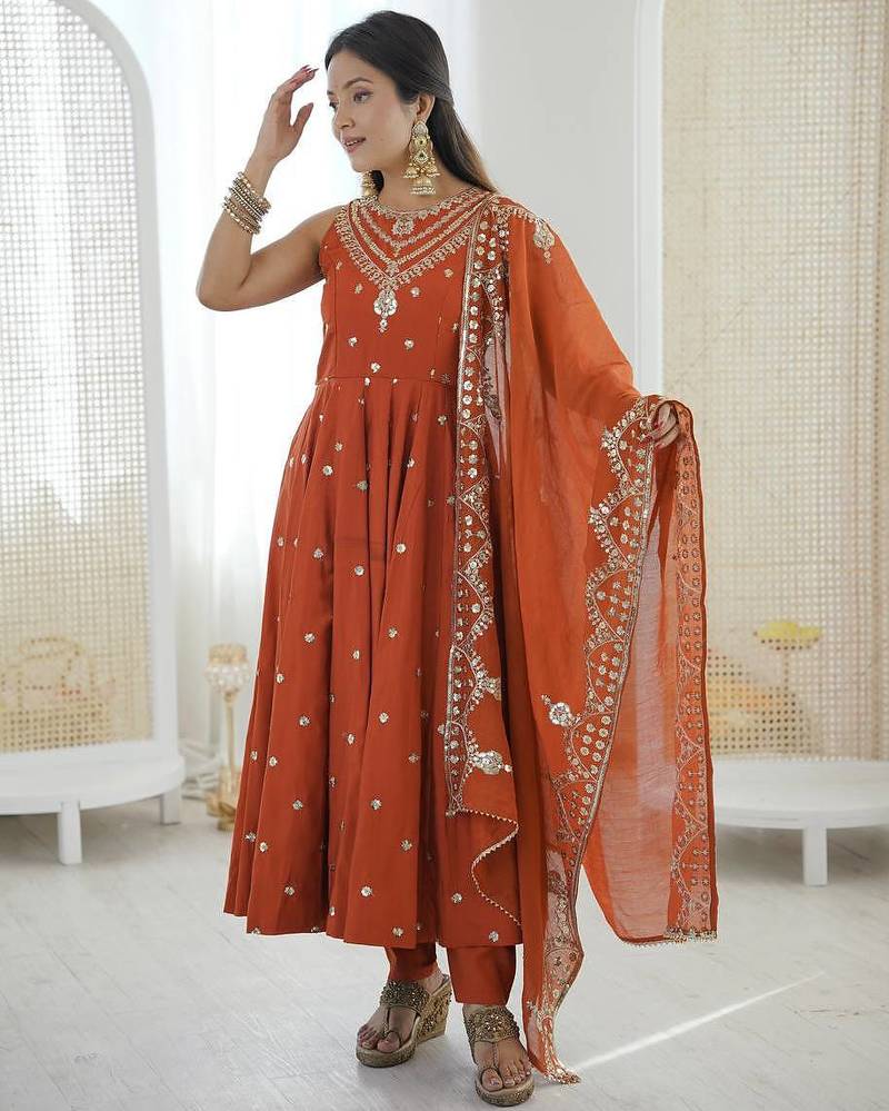 Orange Color Roman Silk Embroidery Work  Party Wear Gown