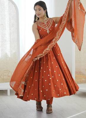 orange roman silk salwar suit with embroidery work 4