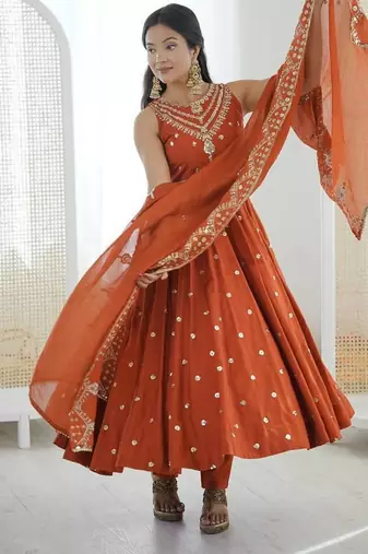 orange roman silk salwar suit with embroidery work