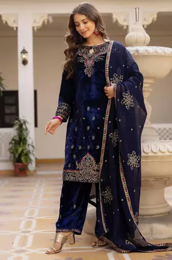 Blue Pure 9000 Velvet Wmbeoidery Work Salwar Suit