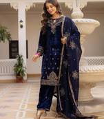 Blue Pure 9000 Velvet Wmbeoidery Work Salwar Suit