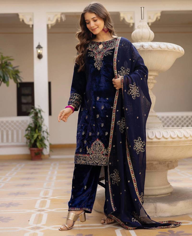 Blue Pure 9000 Velvet Wmbeoidery Work Salwar Suit