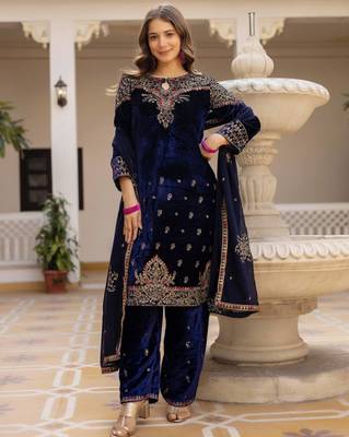 blue velvet salwar suit with embroidery work 2