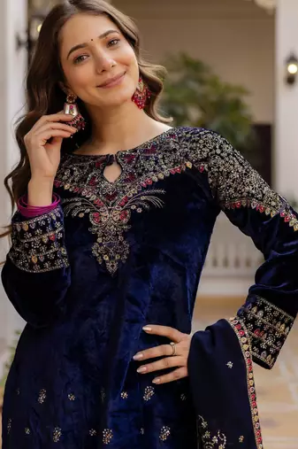 blue velvet salwar suit with embroidery work