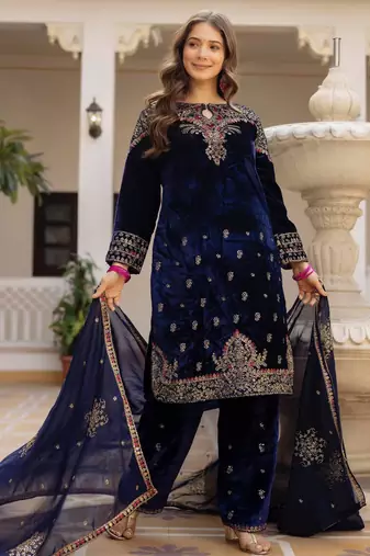 blue velvet salwar suit with embroidery work