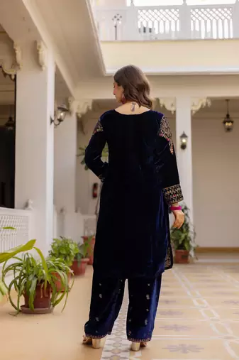 blue velvet salwar suit with embroidery work