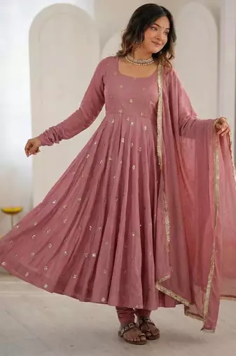 pink roman silk anarkali suit with embroidery work