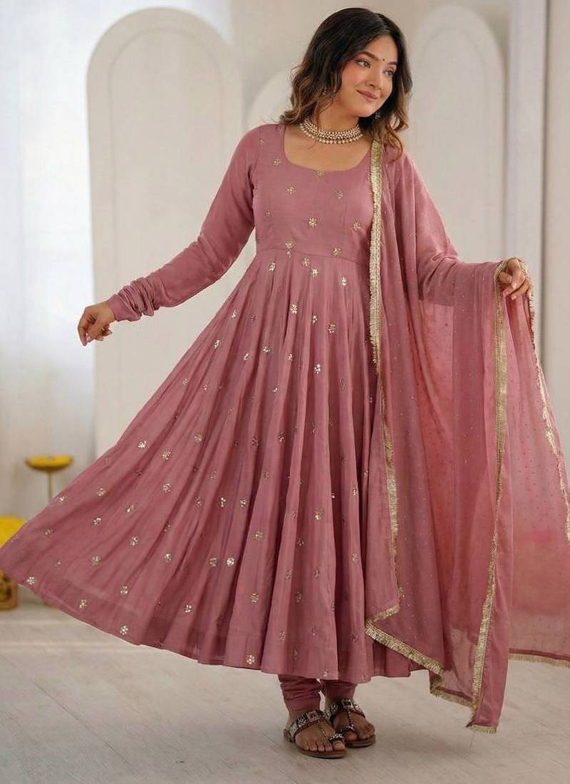 Roman silk with embroidery work gown and dupatta set fully stitched ready to wear