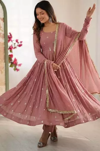 pink roman silk anarkali suit with embroidery work
