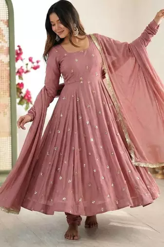pink roman silk anarkali suit with embroidery work