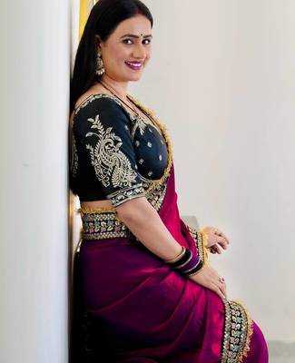 magenta satin silk saree with thread & sequins work 2