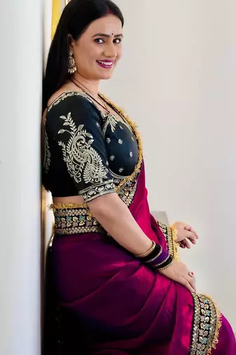 magenta satin silk saree with thread & sequins work