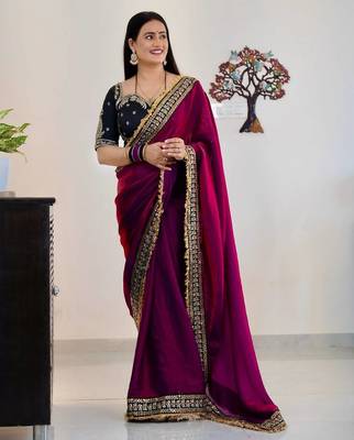 magenta satin silk saree with thread & sequins work 1