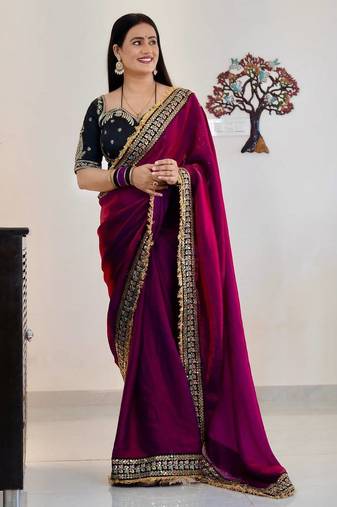 magenta satin silk saree with thread & sequins work