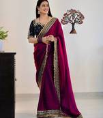 magenta satin silk saree with thread & sequins work