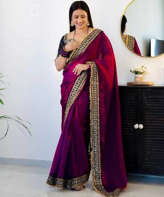 magenta satin silk saree with thread & sequins work 3