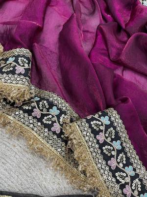 magenta satin silk saree with thread & sequins work 5